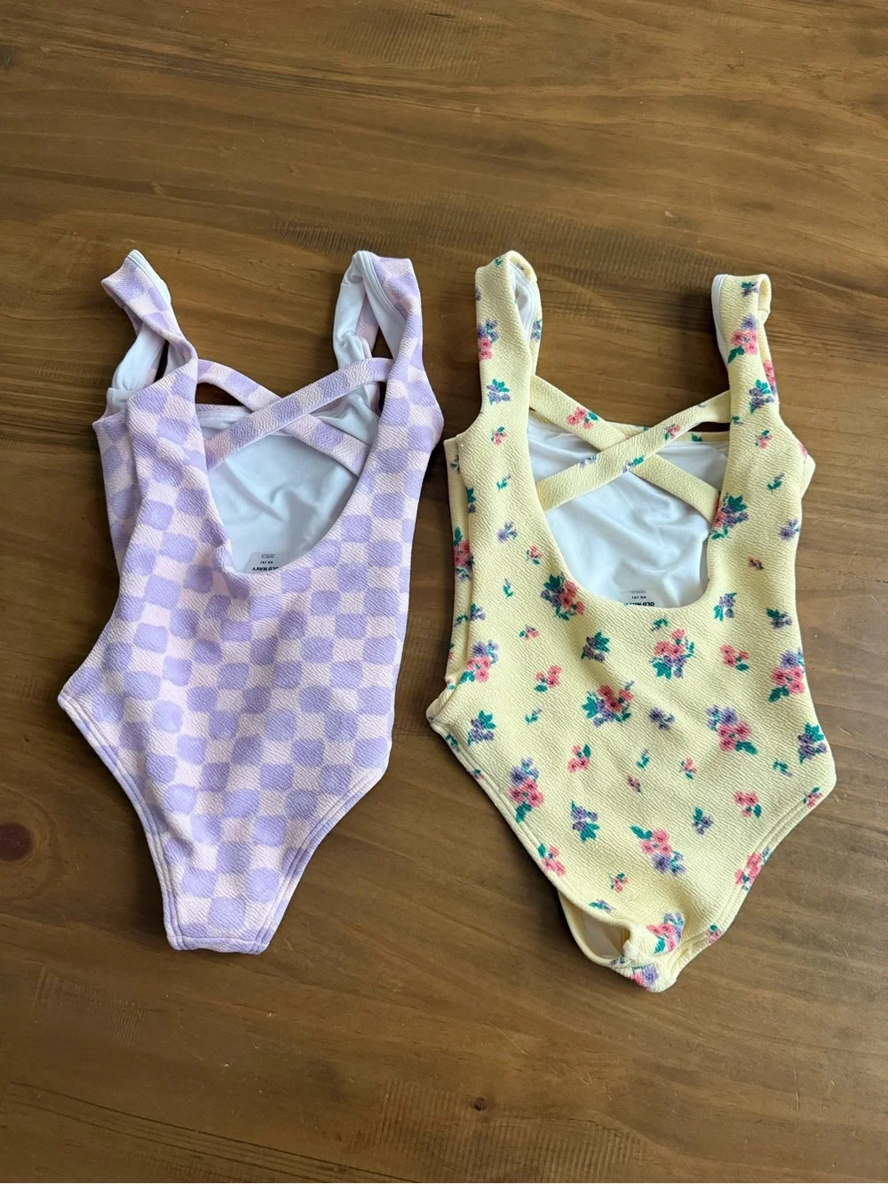 Old Navy Kids One-Piece Swimsuit Bundle- Lavender Check & Yellow Floral Patterns
